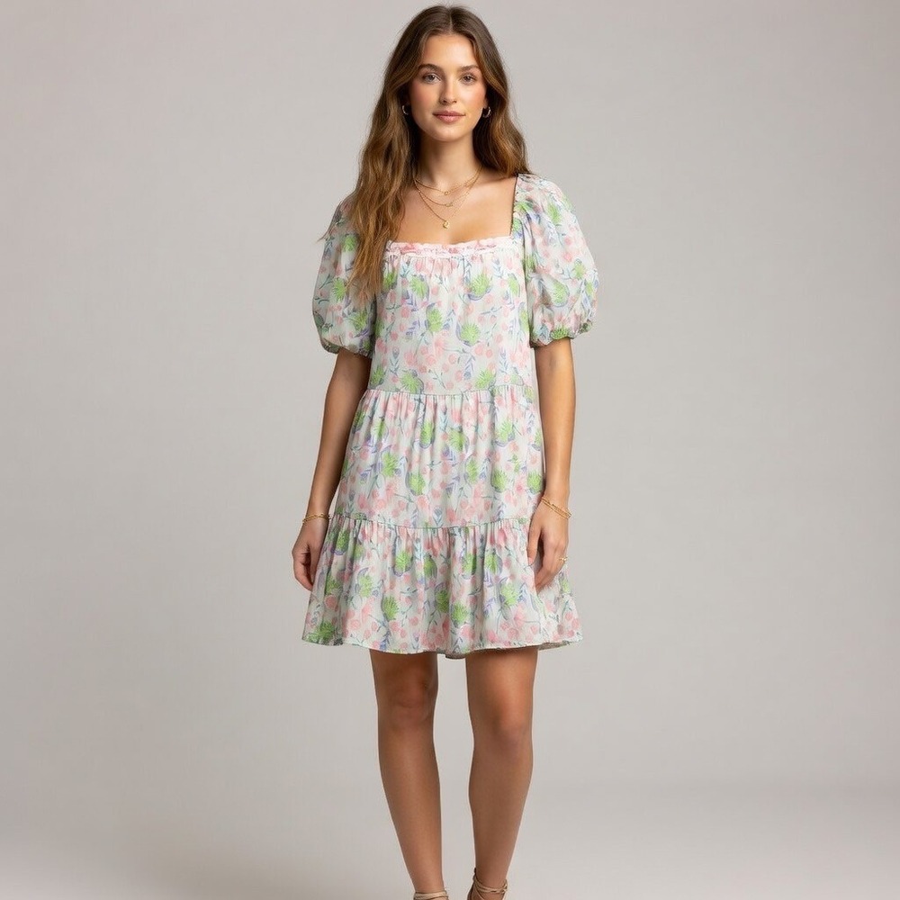 Umgee Womens Floral Tiered Bow Babydoll Dress Pastel Puff Sleeve Square Neck S